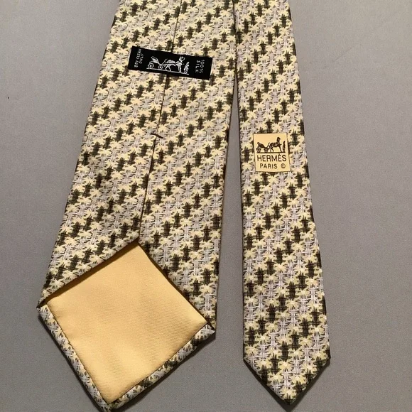 Hermes Paris silk tie Made in France Yellow Gray Green Black Hashtag Pattern - Picture 2 of 6